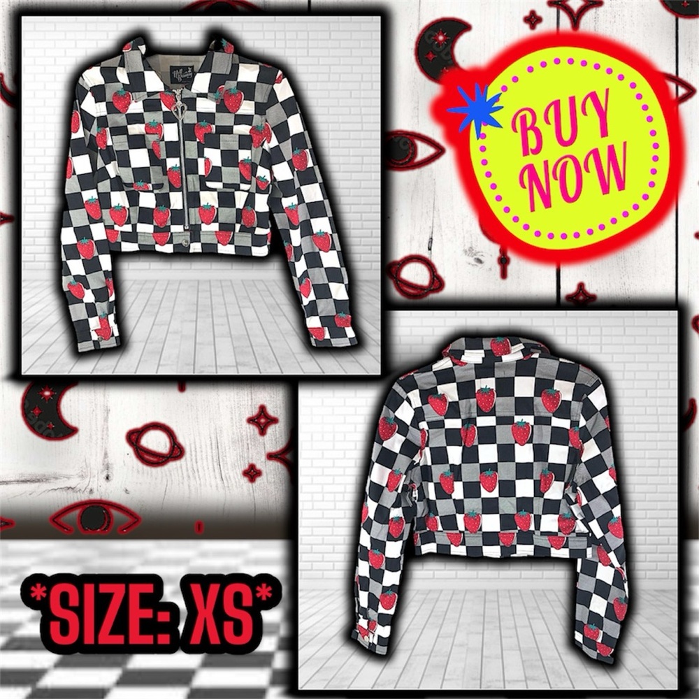 NWT: Hell Bunny x Unique Vintage - Black & White Check & Strawberry Denim Jacket